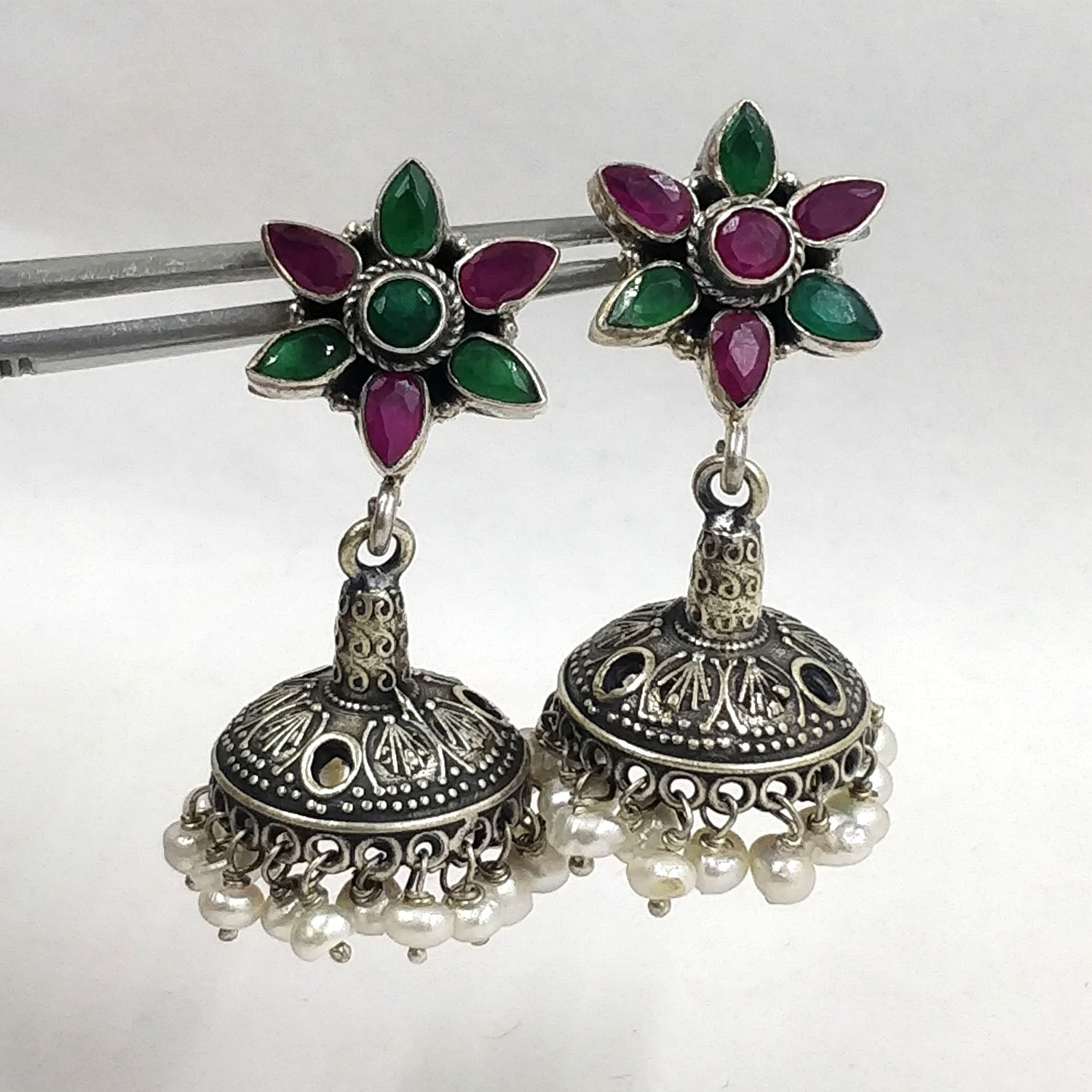 silver jhumka, silver earring, oxidised earrings, silver earrings for women, silver earring jhumka, front side