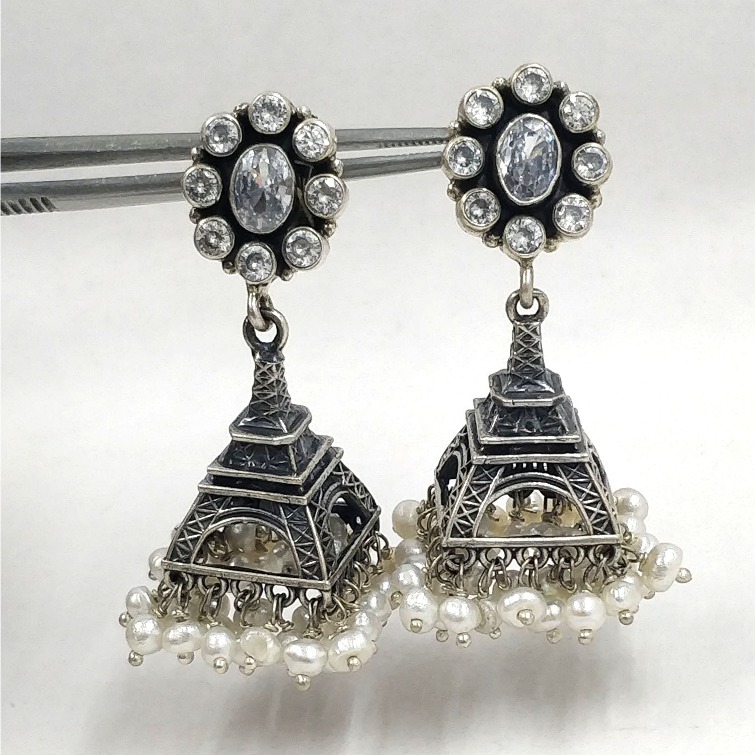 silver jhumka, silver earring, oxidised earrings, front side