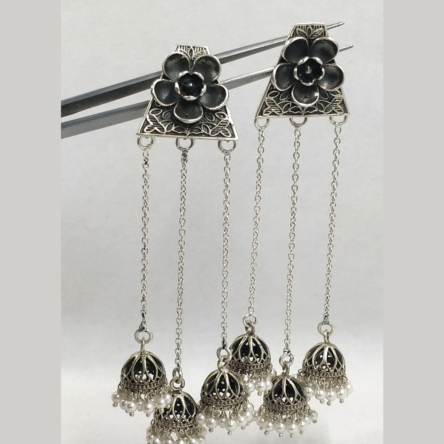 silver jhumka, silver earring, oxidised earrings, front side