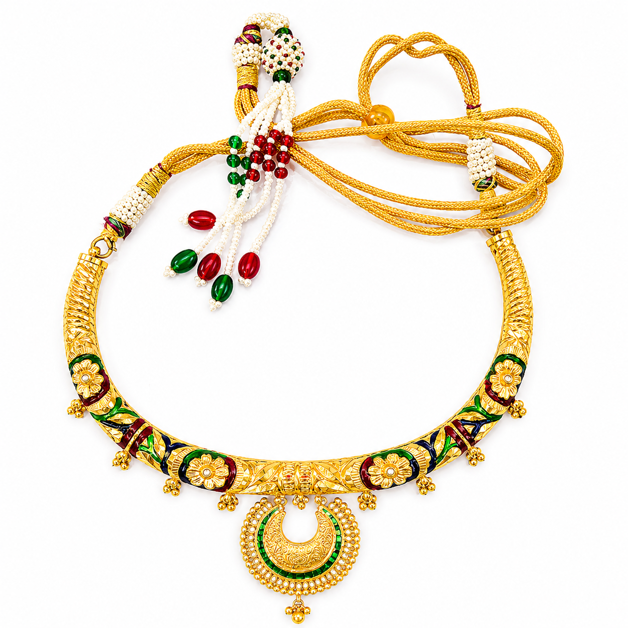 22K Hallmarked Gold Rajasthani Pipe Necklace – Hand‑Carved Heritage Design with Green & Red Meenakari (38.750 gm) | Sai Jewellers -SSJGRA3
