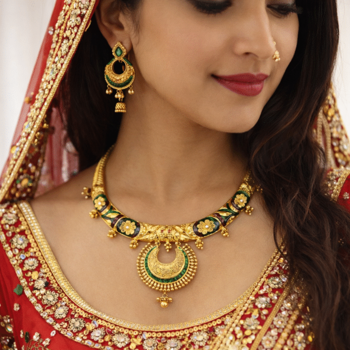 22K Hallmarked Gold Rajasthani Pipe Necklace – Hand‑Carved Heritage Design with Green & Red Meenakari (38.750 gm) | Sai Jewellers -SSJGRA03 - Image 3