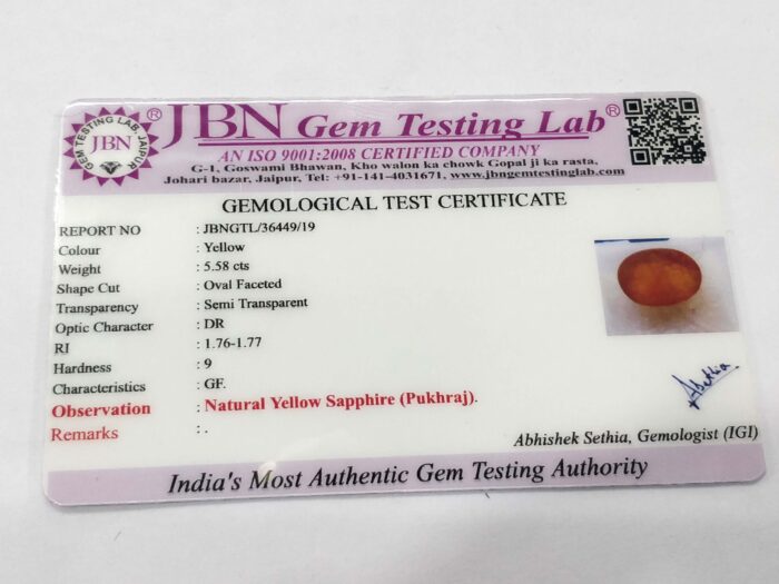 5.58 ct / 6.19 Ratti Pukhraj  | Yellow Sapphire with Certificate Oval Cut - Image 4