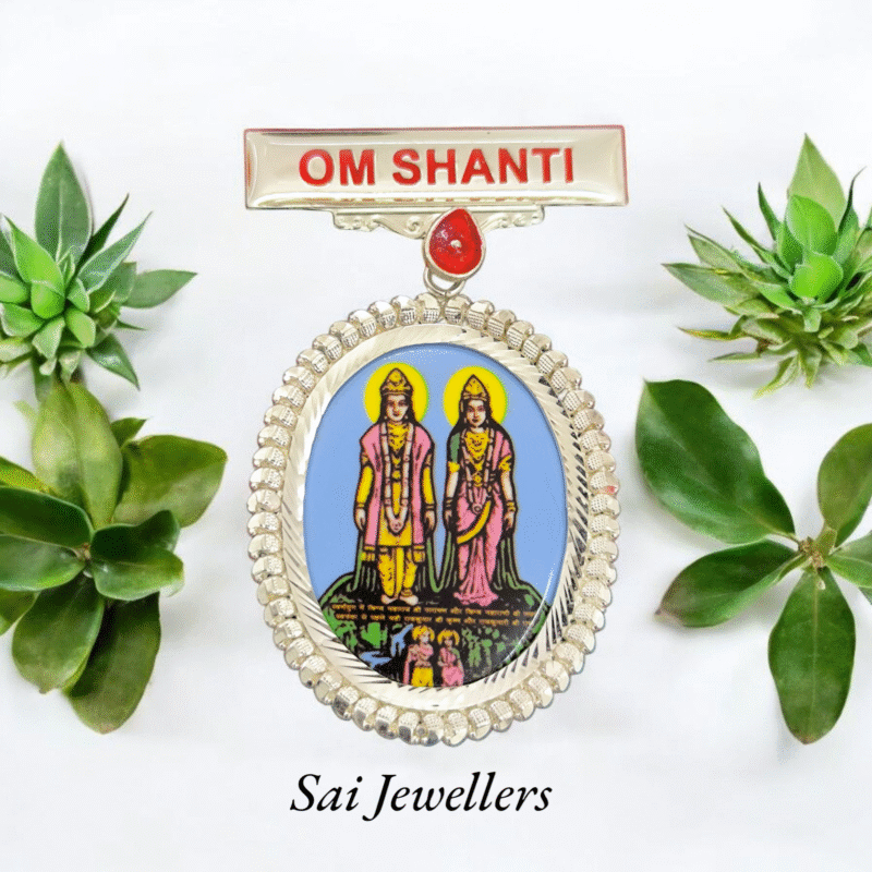 Brahma Kumaris pure silver badge with Laxmi-Narayan, Brahma Baba, Vishnu and Mahesh meenakari design spiritual jewellery