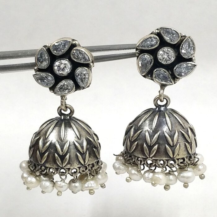 925 Silver Antique Circle Earring Jhumka for women | Cut Stone Earrings | Oxidized Silver Jhumer | Gift for Girl Friend - Image 1