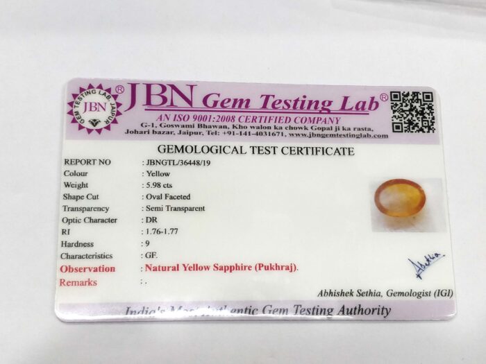 5.98 ct / 6.63 Ratti Pukhraj  | Yellow Sapphire with Certificate  Oval Cut - Image 4