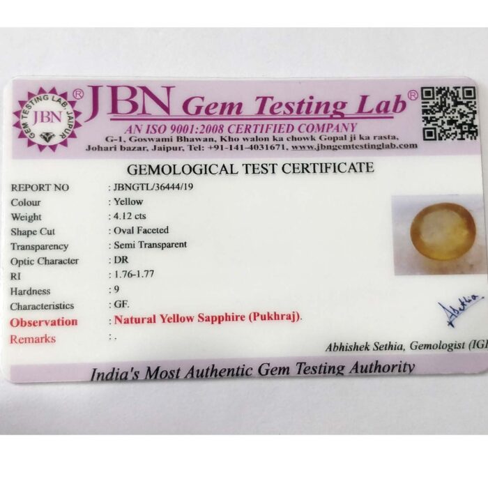 4.12 ct / 4.57 Ratti Pukhraj  | Yellow Sapphire with Certificate Oval Cut - Image 3