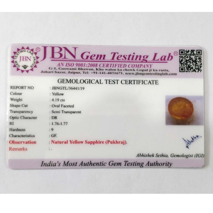 4.19 ct / 4.65 Ratti Pukhraj  | Yellow Sapphire with Certificate Oval Cut - Image 3