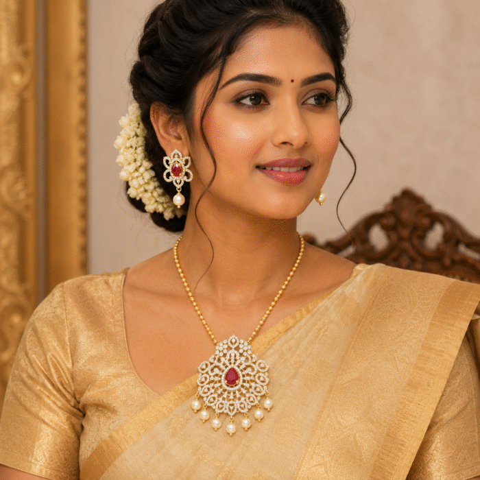 22k Gold Pendant Set Diamond Studded for Girls/Women-SSJGKN04 - Image 2