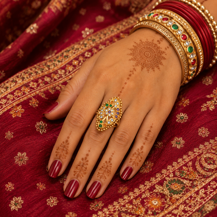 22K Hallmarked Gold Rajasthani Ring – Traditional Floral Design with Colorful Stones (3.490 gm) | Sai Jewellers-SSJGRR2 - Image 2