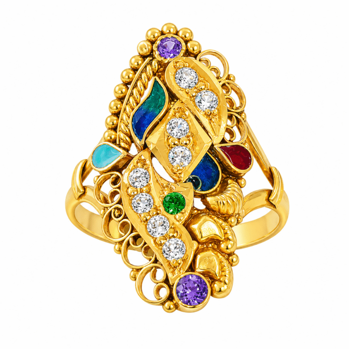 22K Hallmarked Gold Rajasthani Ring – Traditional Floral Design with Colorful Gemstones (3.490 gm) | Sai Jewellers-SSJGRR3