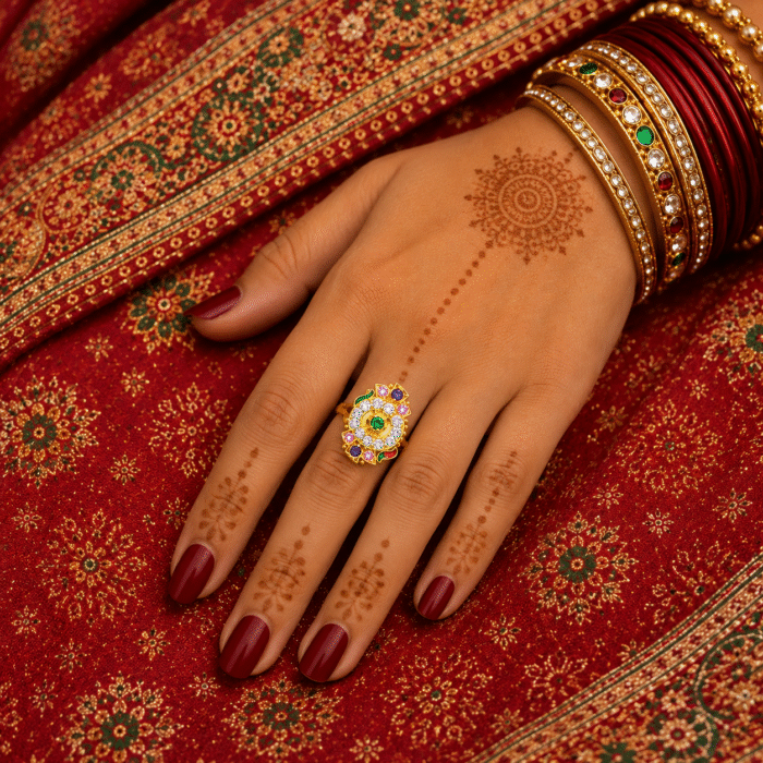 22K Hallmarked Gold Rajasthani Ring – Traditional Multicolor Gemstone Design | Sai Jewellers-SSJGRR4 - Image 2