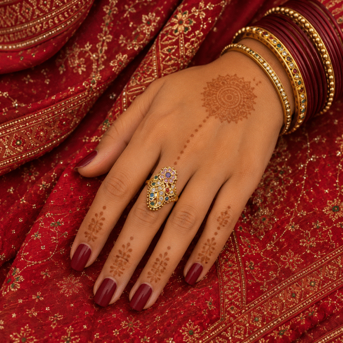 22K Hallmarked Gold Rajasthani Ring – Traditional Floral Multicolor Gemstone Design | Sai Jewellers-SSJGRR5 - Image 2