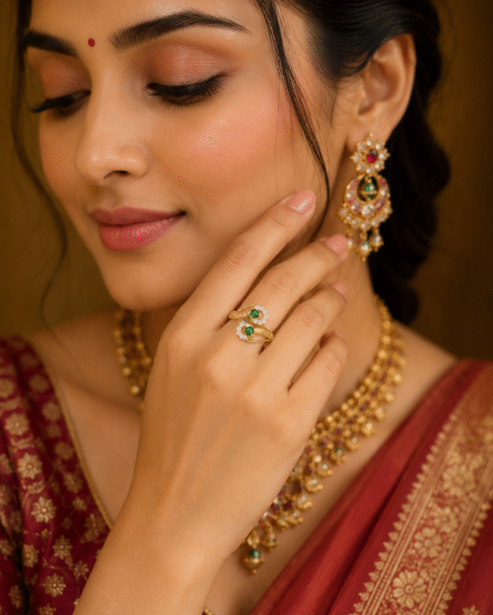 22K Hallmarked Lightweight Gold Ring – Elegant Green & White Stone Design | Sai Jewellers-SSJGRR9 - Image 3