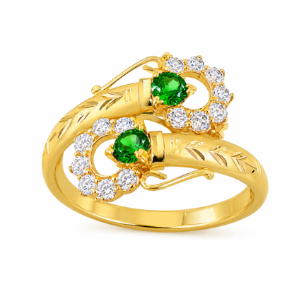 22K Hallmarked Lightweight Gold Ring – Elegant Green & White Stone Design