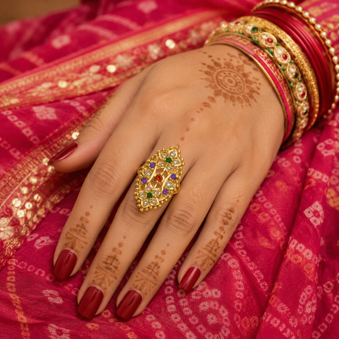 22K Hallmarked Gold Rajasthani Ring – Traditional Design with Colorful Stones | Sai Jewellers-SSJGRR1 - Image 2