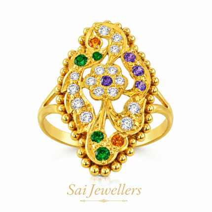 22K Hallmarked Gold Rajasthani Ring – Traditional Floral Design with Colorful Stones (3.490 gm) | Sai Jewellers-SSJGRR2