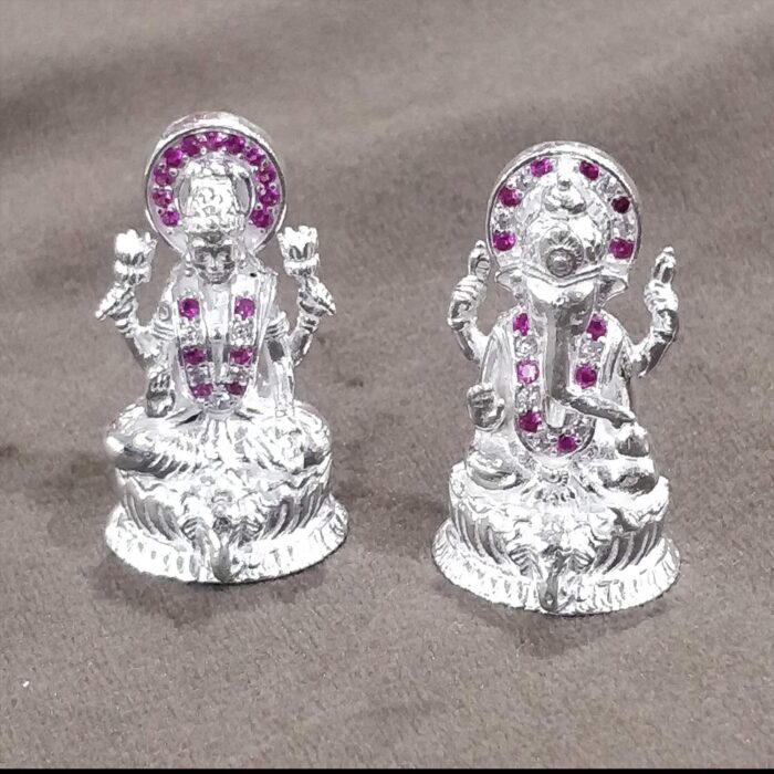 Silver Lakshmi Ganesh ji with Stone Studded Idol Diwali Collection - Image 1