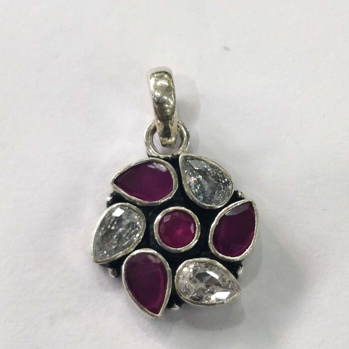 Oxidized 925 Sterling  Silver Stone Studded Pendant | Silver Pendant | Gift for Girl Friend | Red White  Stone Studded - Image 1