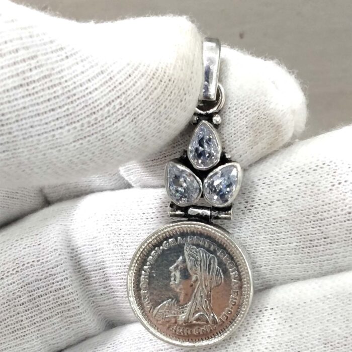 Oxidized 925 Sterling  Silver Coin & Stone Studded Pendant | Silver Pendant | Gift for Girl Friend | White Stone Studded - Image 2
