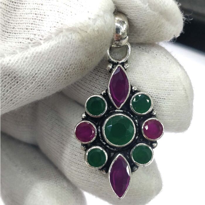 Oxidized 925 Sterling  Silver Stone Studded Pendant | Silver Pendant | Gift for Girl Friend | Red Green Stone Studded - Image 2