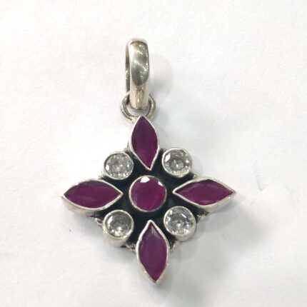 Oxidized 925 Sterling  Silver Stone Studded Pendant | Silver Pendant | Gift for Girl Friend | Red White Stone Studded