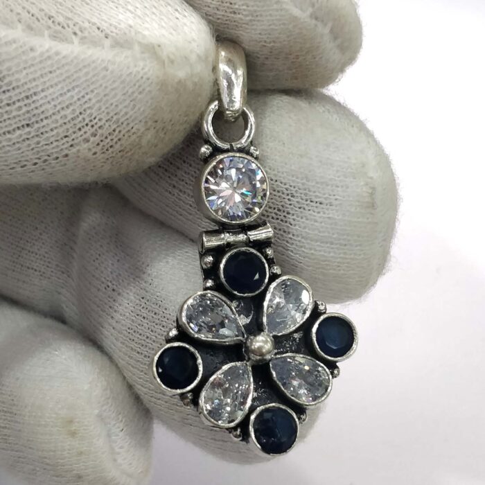 Oxidized 925 Sterling  Silver Stone Studded Pendant | Silver Pendant | Gift for Girl Friend | Blue & White Stone Studded - Image 2