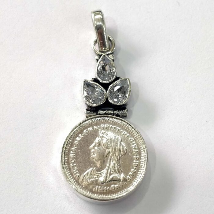 ps50 Oxidized 925 Sterling Silver Coin & Stone Studded Pendant | Silver Pendant | Gift for Girl Friend | White Stone Studded - Image 1