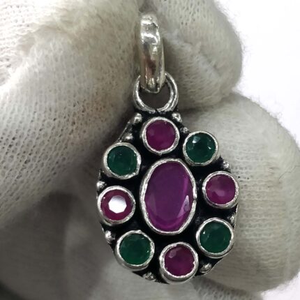 Oxidized 925 Sterling  Silver Stone Studded Pendant | Silver Pendant | Gift for Girl Friend | Red Green  Stone Studded