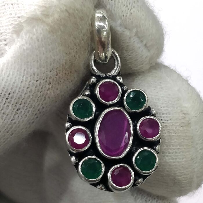 ps59 Oxidized 925 Sterling  Silver Stone Studded Pendant | Silver Pendant | Gift for Girl Friend | Red Green  Stone Studded - Image 1