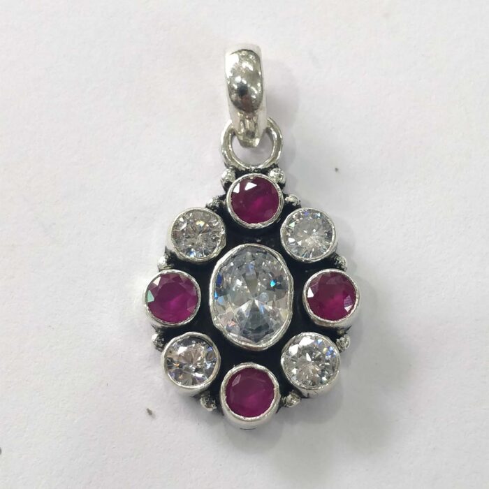 Oxidized 925 Sterling  Silver Stone Studded Pendant | Silver Pendant | Gift for Girl Friend | Red White Stone Studded - Image 1