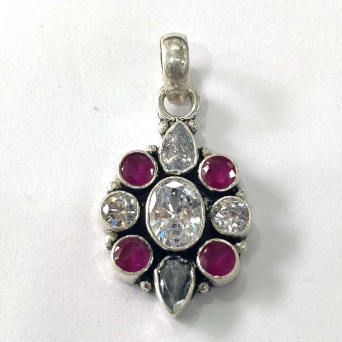 ps82 Oxidized 925 Sterling Silver Stone Studded Pendant | Silver Pendant | Gift for Girl Friend | Red White Stone Studded - Image 1