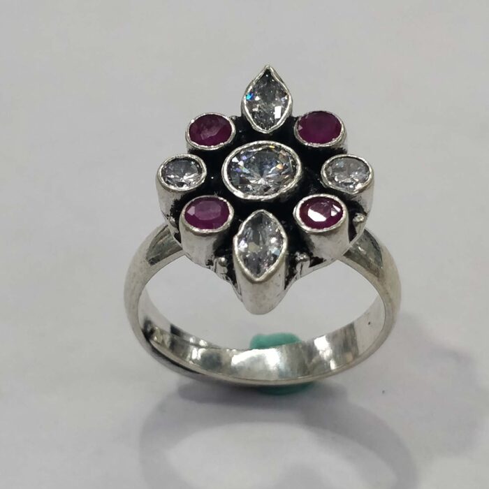 Oxidized 925 Sterling Silver Women Ring Adjustable | Silver Rings | Gift for Girl Friend | Red & White Zircon Stone Studded - Image 1