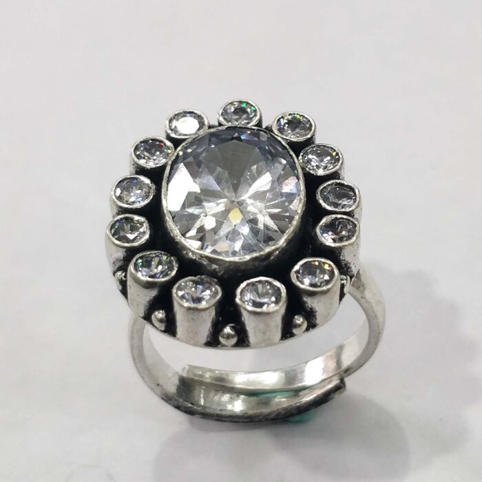 Oxidized 925 Sterling Silver Women Ring Adjustable | Silver Rings | Gift for Girl Friend | Stone Studded - Image 1