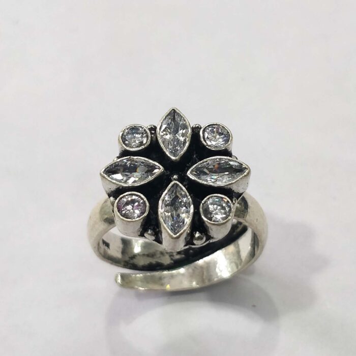 Oxidized 925 Sterling Silver Women Ring Adjustable | Silver Rings | Gift for Girl Friend | Stone Studded - Image 1