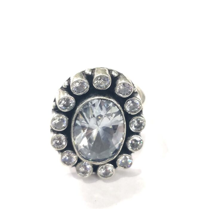 Oxidized 925 Sterling Silver Women Ring Adjustable | Silver Rings | Gift for Girl Friend | Stone Studded - Image 2