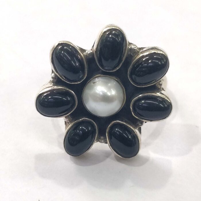 Oxidized 925 Sterling Silver Women Ring Adjustable | Silver Rings | Gift for Girl Friend | Pearl & Black Stone Studded - Image 2