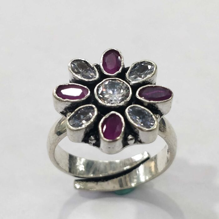 Oxidized 925 Sterling Silver Women Ring Adjustable | Silver Rings | Gift for Girl Friend | Red & White Stone Studded - Image 2