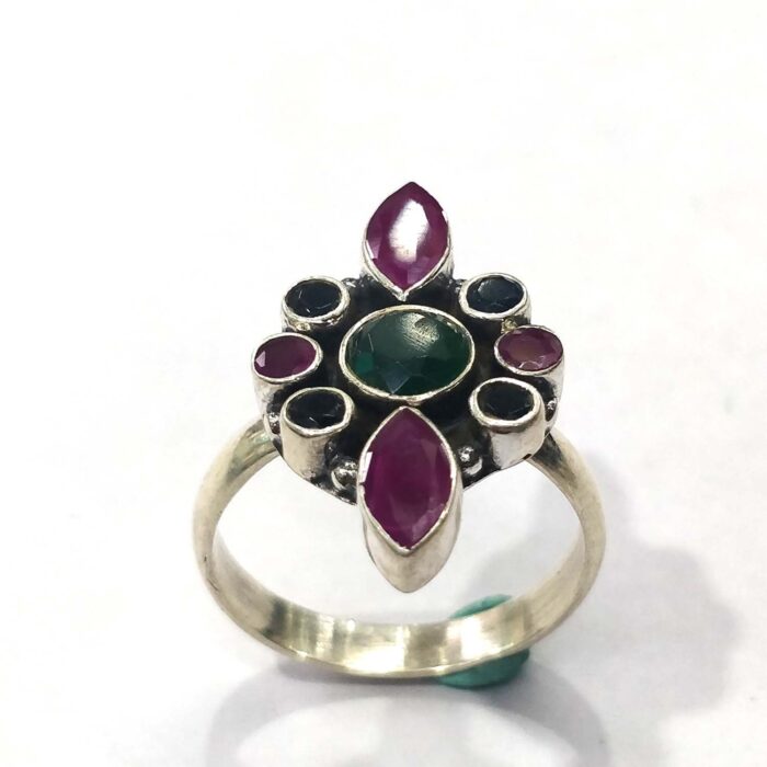 Oxidized 925 Sterling  Silver Women Ring Adjustable | Silver Rings | Gift for Girl Friend | Red & Green Stone Studded - Image 2