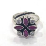 Oxidized 925 Sterling Silver Women Ring Adjustable | Silver Rings | Gift for Girl Friend | Red & White Stone Studded