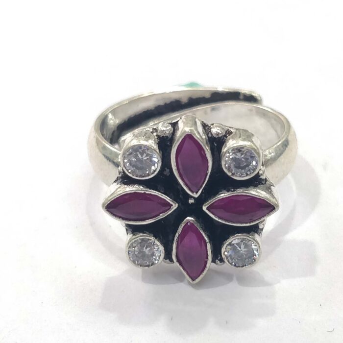 Oxidized 925 Sterling Silver Women Ring Adjustable | Silver Rings | Gift for Girl Friend | Red & White Stone Studded - Image 1