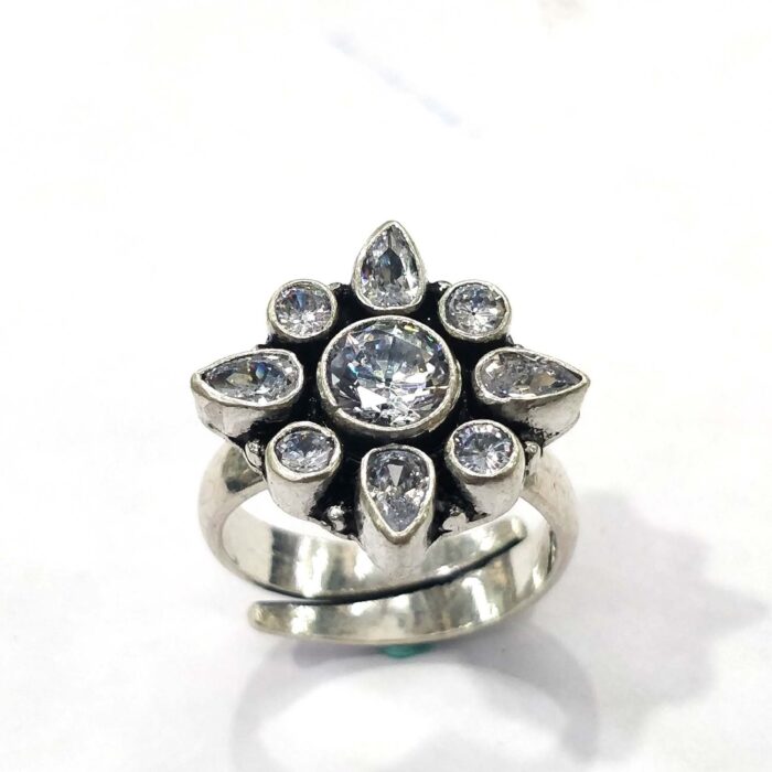 r46 Oxidized 925 Sterling Silver Women Ring Adjustable | Silver Rings | Gift for Girl Friend | White Stone Studded - Image 1