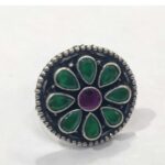 Oxidized 925 Sterling  Silver Women Ring Adjustable | Silver Rings | Gift for Girl Friend | Green & Red Stone Studded