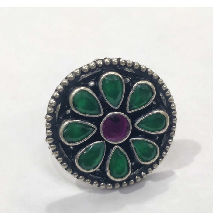 Oxidized 925 Sterling  Silver Women Ring Adjustable | Silver Rings | Gift for Girl Friend | Green & Red Stone Studded - Image 1
