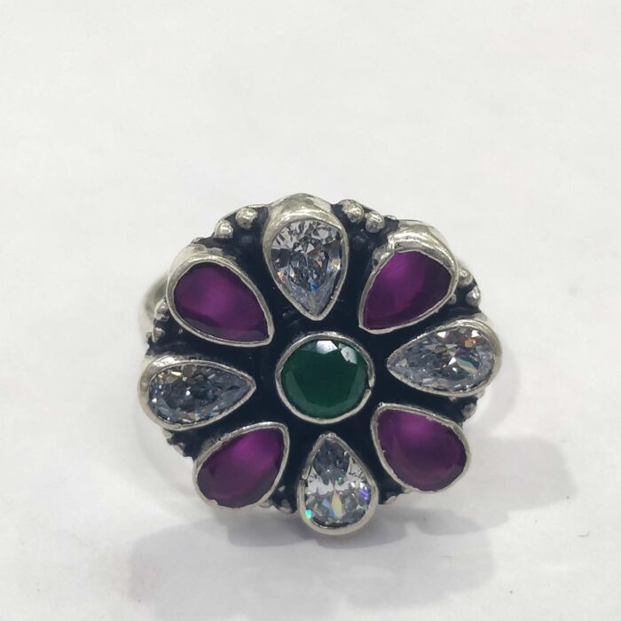 Oxidized 925 Sterling  Silver Women Ring Adjustable | Silver Rings | Gift for Girl Friend | Stone Studded - Image 2