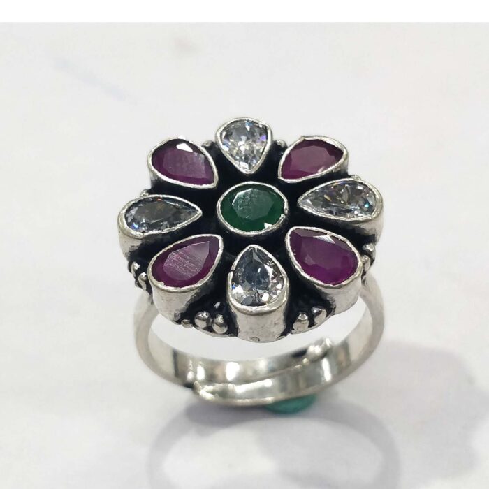 Oxidized 925 Sterling  Silver Women Ring Adjustable | Silver Rings | Gift for Girl Friend | Stone Studded - Image 1