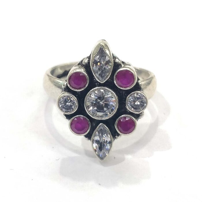 Oxidized 925 Sterling Silver Women Ring Adjustable | Silver Rings | Gift for Girl Friend | Red & White Zircon Stone Studded - Image 2