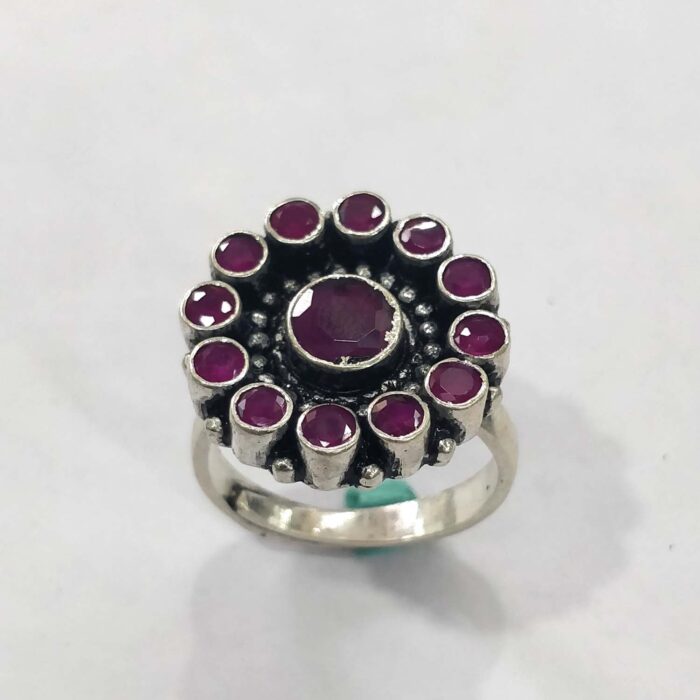 Oxidized 925 Sterling Silver Women Ring Adjustable | Silver Rings | Gift for Girl Friend | Red Stone Studded - Image 1