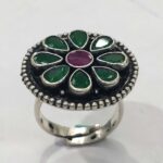 Oxidized 925 Sterling  Silver Women Ring Adjustable | Silver Rings | Gift for Girl Friend | Green & Red Stone Studded - Image 2