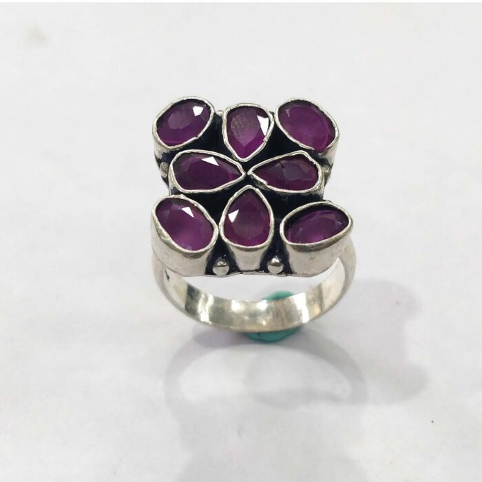 Oxidized 925 Sterling Silver Women Ring Adjustable | Silver Rings | Gift for Girl Friend | Red Stone Studded - Image 1