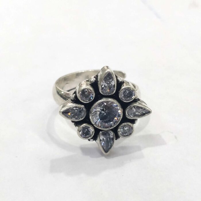 Oxidized 925 Sterling  Silver Women Ring Adjustable | Silver Rings | Gift for Girl Friend |  White Stone Studded - Image 2
